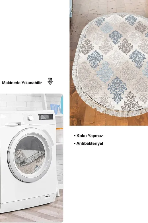 Dekoreko 674MK1-2 Kaymaz Taban Djt Mutfak Halısı Trend Saçaklı Oval Modern 674M Bej