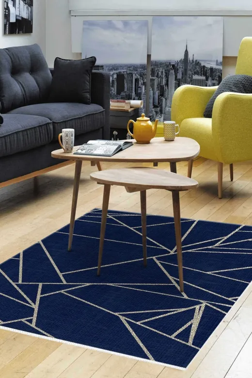 Dekoreko 717K2-7 Kaymaz Taban Djt Salon Halısı Trend Modern 717 Lacivert