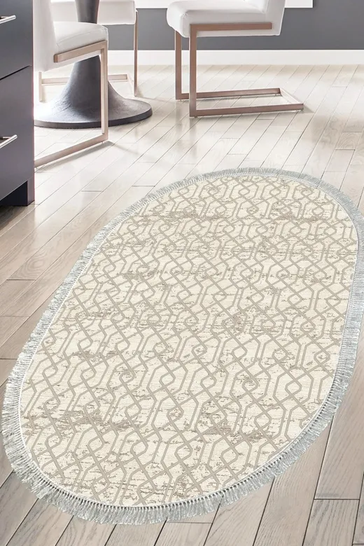 Dekoreko 757K1-2 Kaymaz Taban Djt Mutfak Halısı Trend Saçaklı Oval Modern 757 Vizon