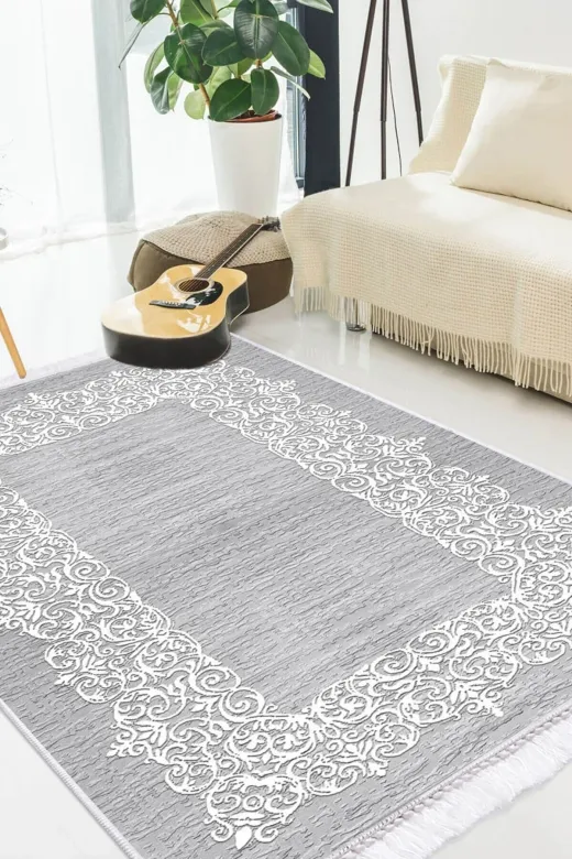 Dekoreko 8680431366535 Inci Halı Kaymaz Taban Dijital Saçaklı Salon Halısı 1811 Gri