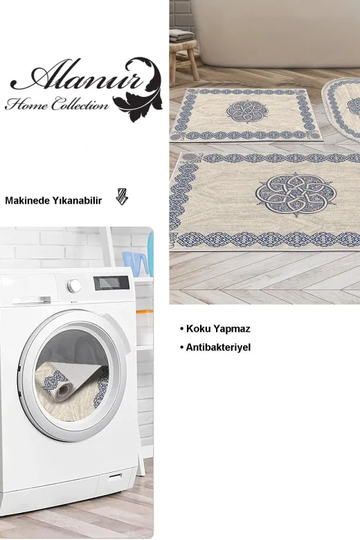 Dekoreko D-1319K3-10P3O Dijital 3 Lü Banyo Paspas Takımı Trend Keçe Kaymaz Taban Karışık Oval Modern Gilda Mavi