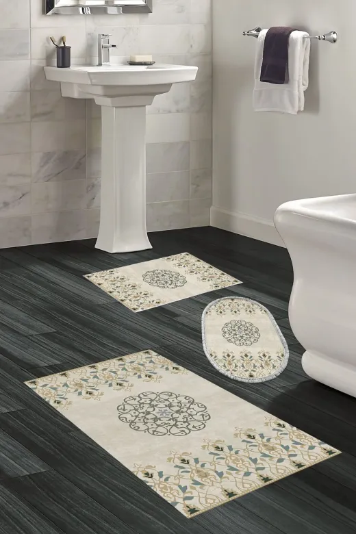 Dekoreko D-1491P3-10P3O Dijital 3 Lü Banyo Paspas Takımı Star Pamuk Kaymaz Taban Karışık Oval Modern Demetria Bej