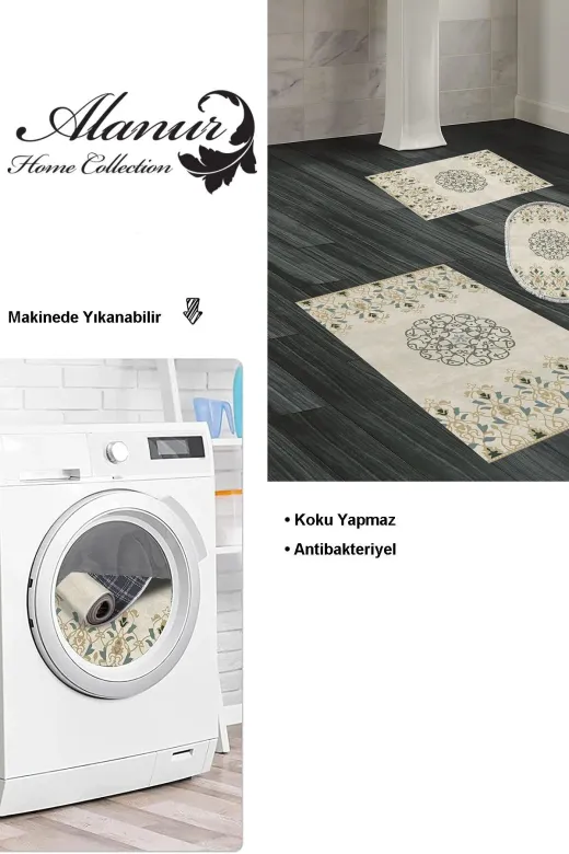 Dekoreko D-1491P3-10P3O Dijital 3 Lü Banyo Paspas Takımı Star Pamuk Kaymaz Taban Karışık Oval Modern Demetria Bej