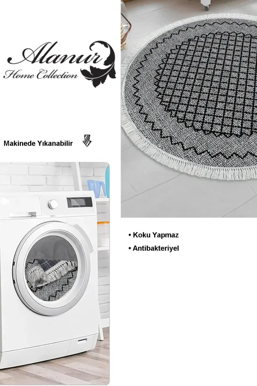 Dekoreko D-M5001P1-5 Dijital Mutfak Halısı Star Pamuk Kaymaz Taban Saçaklı Yuvarlak Modern Christie Gri