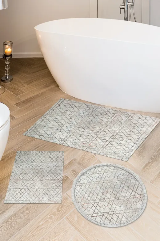 Dekoreko F5079K3-10P3Y Kaymaz Taban Djt 3 Lü Banyo Paspas Takımı Trend Karışık Yuvarlak Iskandinav F5079 Bej
