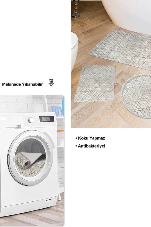 Dekoreko F5079K3-10P3Y Kaymaz Taban Djt 3 Lü Banyo Paspas Takımı Trend Karışık Yuvarlak Iskandinav F5079 Bej