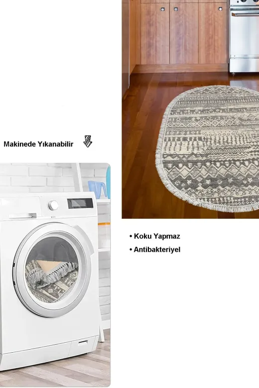Dekoreko F5080D1-2 Kaymaz Taban Djt Mutfak Halısı Yıldız Deri Saçaklı Oval Iskandinav F5080 Gri