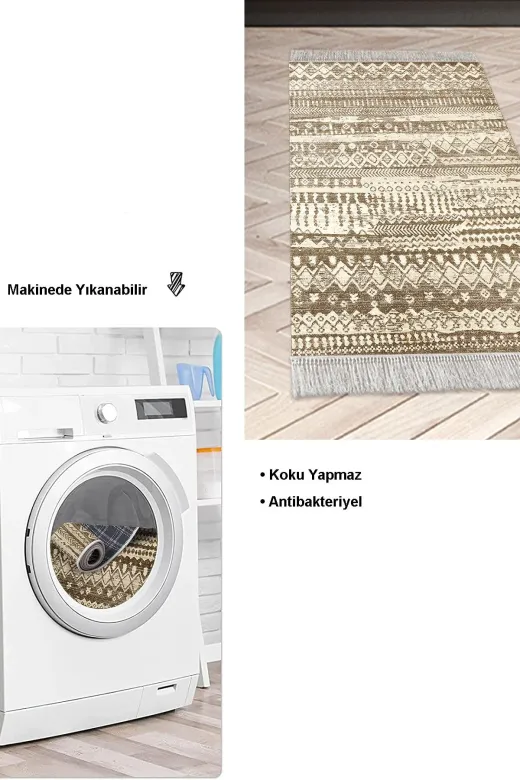 Dekoreko F5080P1-8 Kaymaz Taban Djt Mutfak Halısı Star Pamuk Saçaklı Iskandinav F5080 Kahve