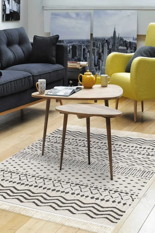 Dekoreko F5086K1-7 Kaymaz Taban Djt Salon Halısı Trend Saçaklı Iskandinav F5086 Bej