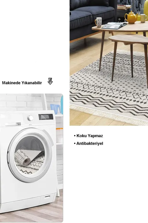 Dekoreko F5086K1-7 Kaymaz Taban Djt Salon Halısı Trend Saçaklı Iskandinav F5086 Bej