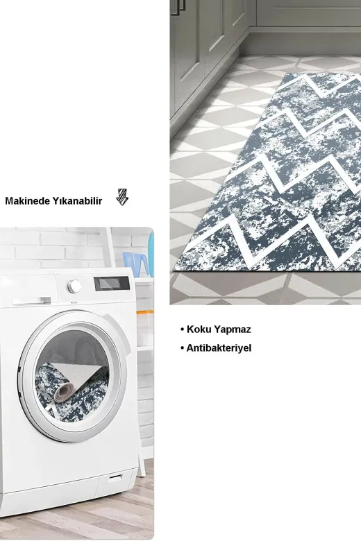 Dekoreko F5128K2-8 Kaymaz Taban Djt Mutfak Halısı Yıldız Deri Saçaklı Iskandinav F5128 Mavi