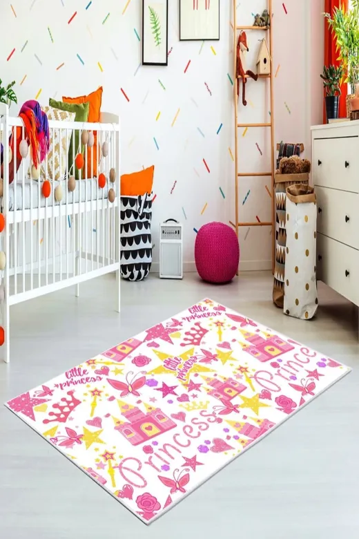 Dekoreko inci?-513 Princess Dijital Baskı Kaymaz Taban Leke Tutmaz Bebek Ve Çocuk Odası Halısı513