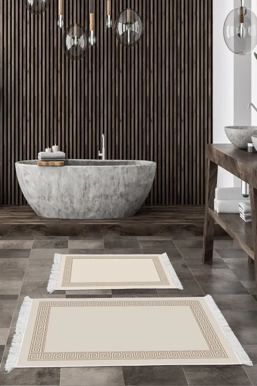 Dekoreko Kt493K1-10P2 Kaymaz Taban Djt 2 Li Banyo Paspas Takımı Trend Saçaklı Modern Kt493 Krem