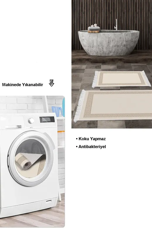 Dekoreko Kt493K1-10P2 Kaymaz Taban Djt 2 Li Banyo Paspas Takımı Trend Saçaklı Modern Kt493 Krem
