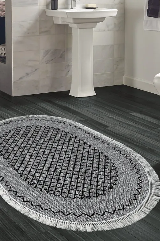 Dekoreko M5001K1-3 Kaymaz Taban Djt Banyo Halısı Trend Saçaklı Oval Modern M5001 Gri