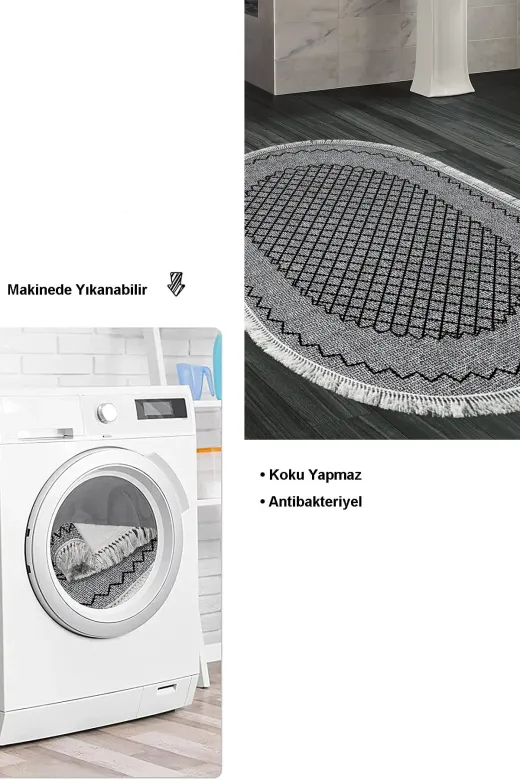 Dekoreko M5001K1-3 Kaymaz Taban Djt Banyo Halısı Trend Saçaklı Oval Modern M5001 Gri