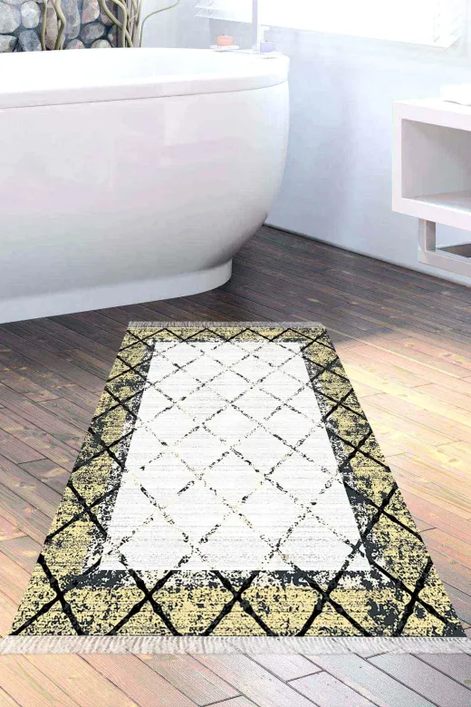 Dekoreko M5129K1-9 Kaymaz Taban Djt Banyo Halısı Trend Saçaklı Modern M5129 Sarı