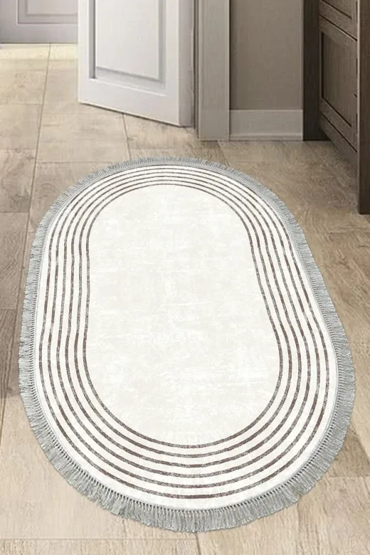 Dekoreko M5142K1-2 Kaymaz Taban Djt Mutfak Halısı Trend Saçaklı Oval Modern M5142 Bej