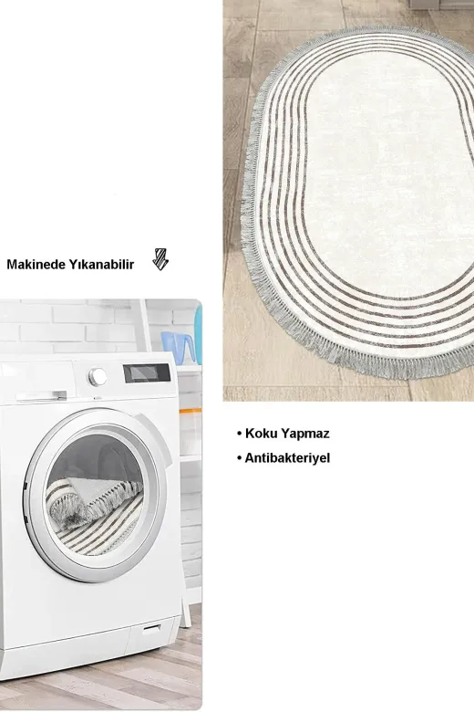 Dekoreko M5142K1-2 Kaymaz Taban Djt Mutfak Halısı Trend Saçaklı Oval Modern M5142 Bej