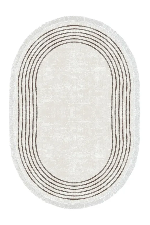 Dekoreko M5142P1-3 Kaymaz Taban Djt Banyo Halısı Star Pamuk Saçaklı Oval Modern M5142 Bej