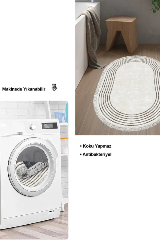 Dekoreko M5142P1-3 Kaymaz Taban Djt Banyo Halısı Star Pamuk Saçaklı Oval Modern M5142 Bej