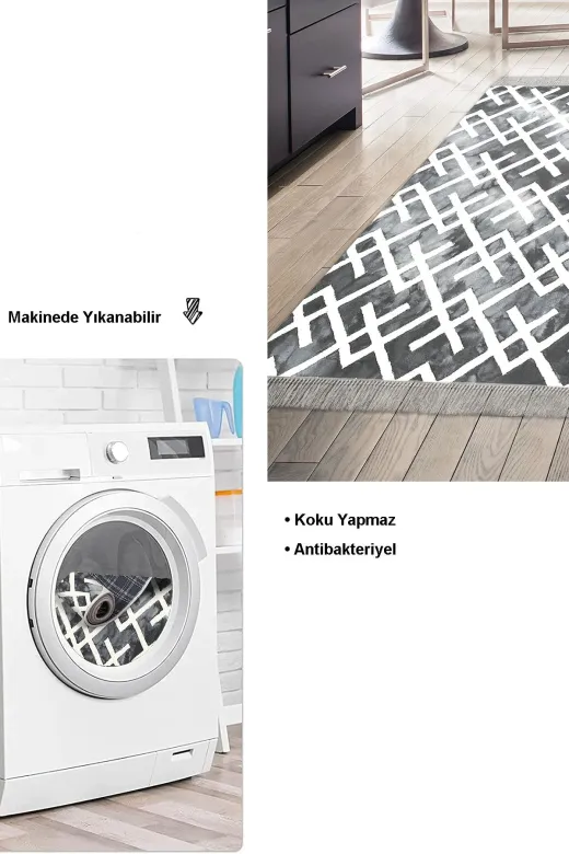 Dekoreko S5039P1-8 Kaymaz Taban Djt Mutfak Halısı Star Pamuk Saçaklı Iskandinav S5039 Gri