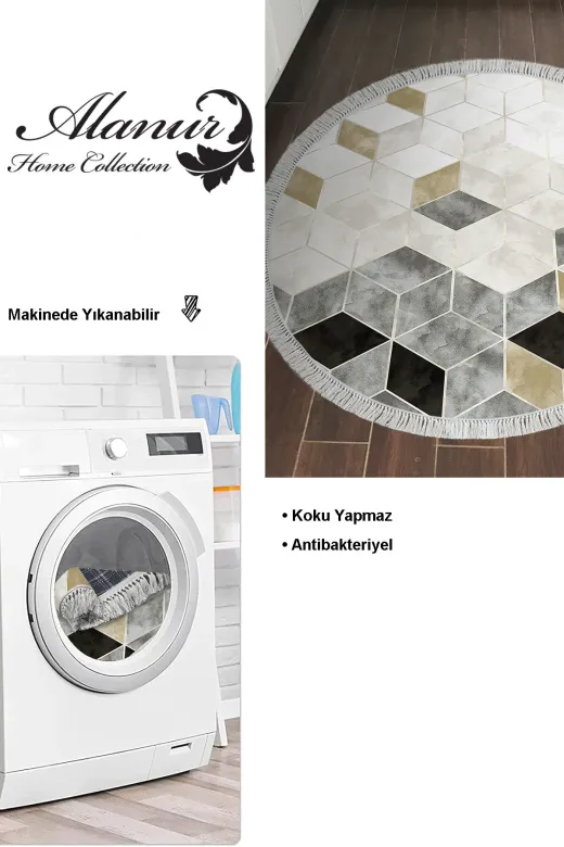 Dekoreko TYC9L0YZBN169709959514590 Dijital Mutfak Halısı Star Pamuk Kaymaz Taban Saçaklı Yuvarlak İskandinav Stephania Krem