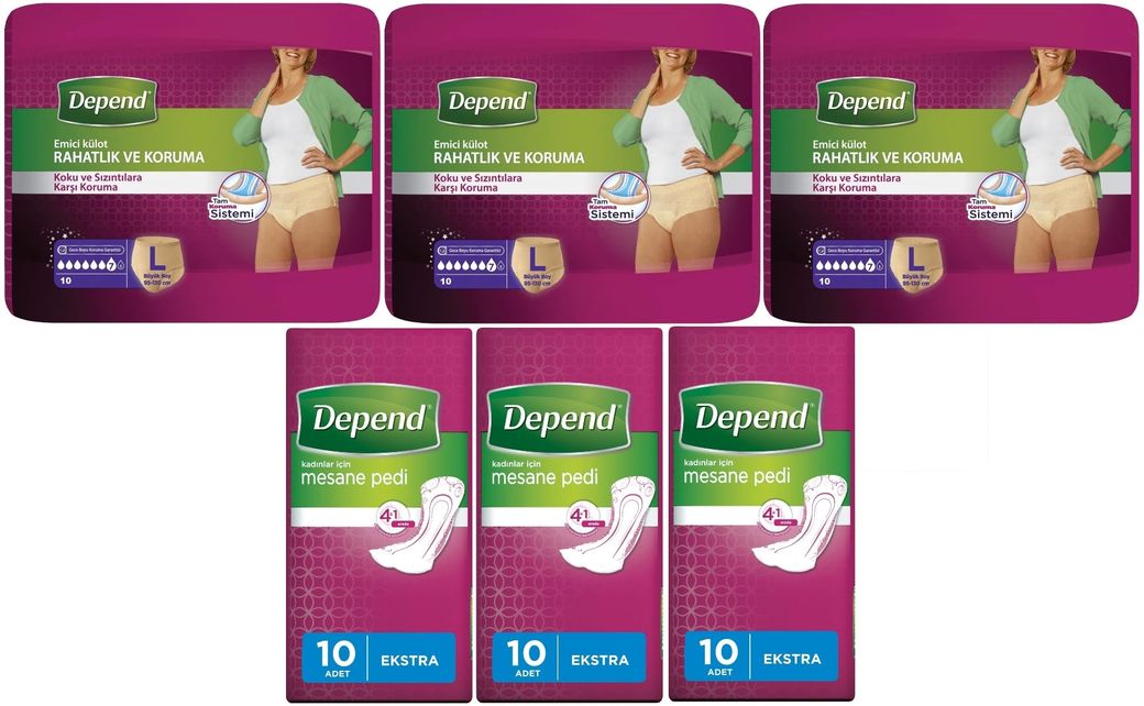 Depend Emici Külot Lohusa Pedi Large - Büyük Kadın (10 Lu)+Mesane Pedi Kadın Ekstra (10 Lu) 6 Lı Set