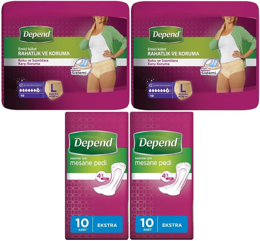 Depend Emici Külot Lohusa Pedi Large - Büyük Kadın (10 Lu)+Mesane Pedi Kadın Ekstra (10 Lu) 4 Lü Set