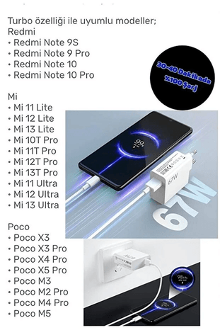 DermiTech Xiaomi Redmi Note 12 Pro 5G Uyumlu 67 Watt Hızlı Şarj Aleti + 1 Mt Kablo Set 67W Şarj