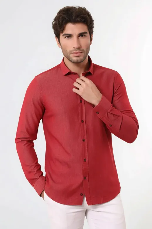 Desenli Pamuklu Slim Fit Bordo Gömlek - Wessi - XL / Burgundy