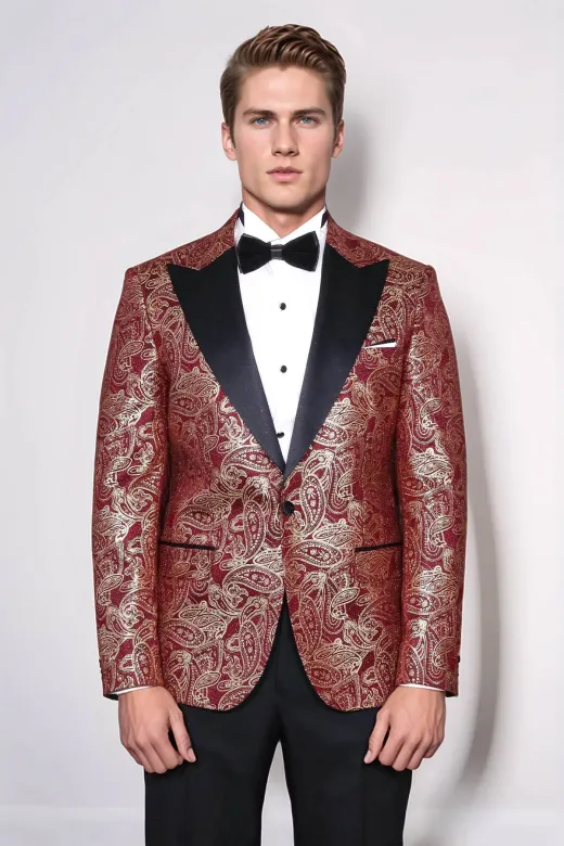 Desenli Sivri Yakalı Bordo Erkek Smokin Ceketi - Wessi