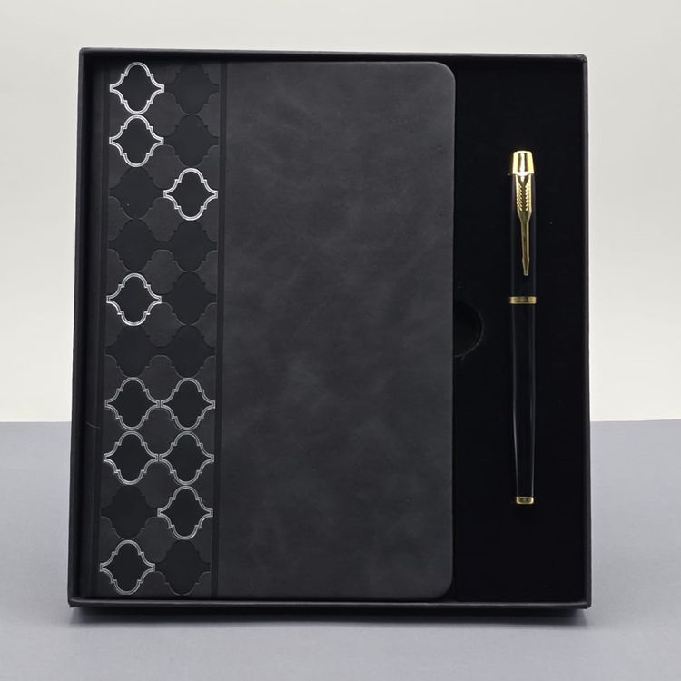 Desenli Siyah Deri Defter Kalem Set