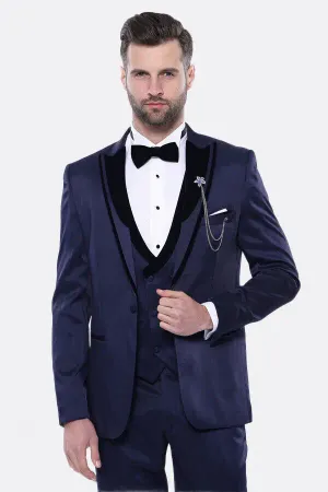 Desenli Velvet Yaka Lacivert Takım Elbise | Wessi - 48 / Lacivert