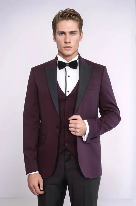 Desenli Yelekli Erkek Bordo Damatlık - Wessi - 56 / Bordo