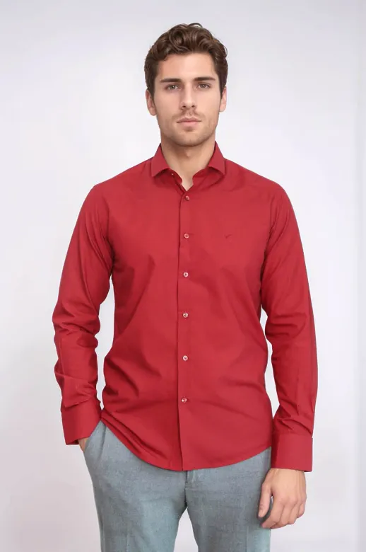 Desensiz Slim Fit Bordo Kırmızı Erkek Gömlek - Wessi - S / Kırmızı