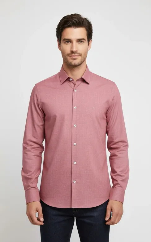 Desensiz Slim Fit Uzun Kollu Somon Rengi Erkek Gömlek - Wessi - M / Kırmızı