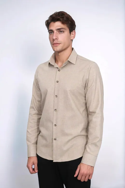 Desensiz Slimfit Bej Erkek Oduncu Gömlek - Wessi - S / Bej