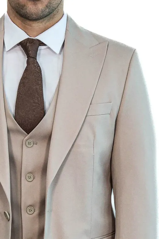 Desensiz Yelekli Slim Fit Açık Kahverengi Erkek Takım Elbise - Wessi