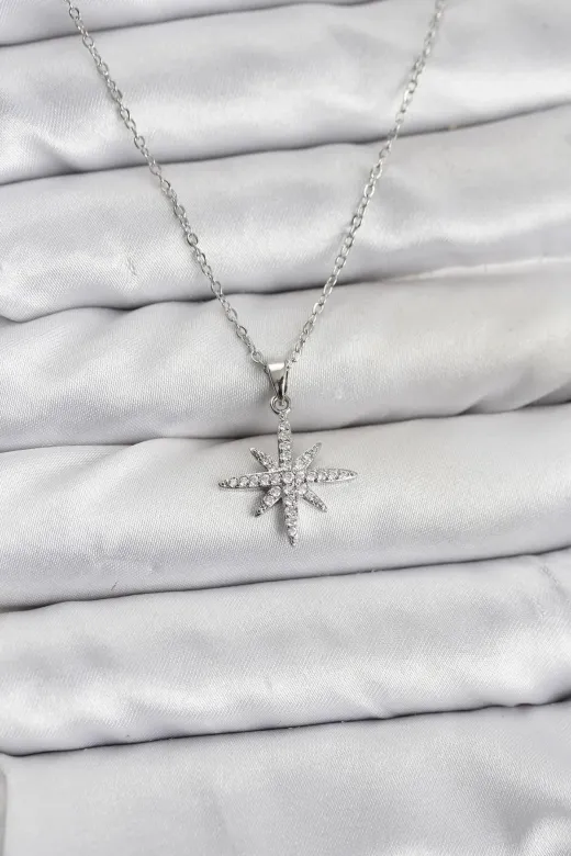 DGY STORE EmrBXebBKO10838 316L Çelik Zincir Gümüş Renk Kutup Yıldızı Model Zirkon Taşlı Kadın Kolye