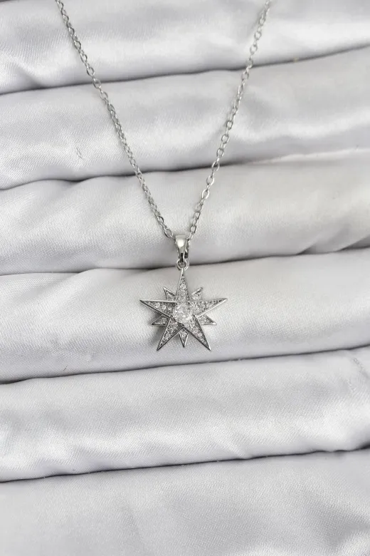 DGY STORE EmrBXebBKO10845 316L Çelik Zincir Gümüş Renk Yıldız Model Zirkon Taşlı Kadın Kolye