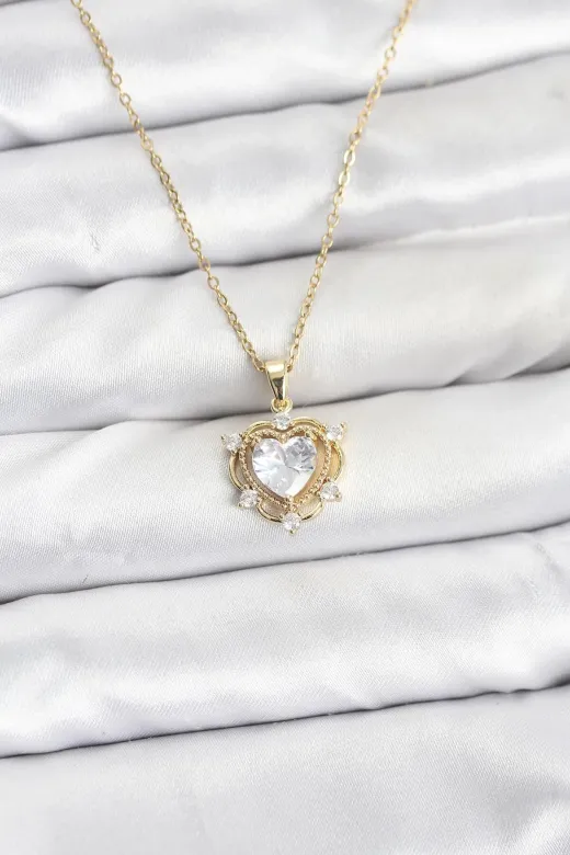 DGY STORE EmrBXebBKO10883 316L Çelik Zincir Gold Renk Kalp Model Zirkon Taşlı Kadın Kolye