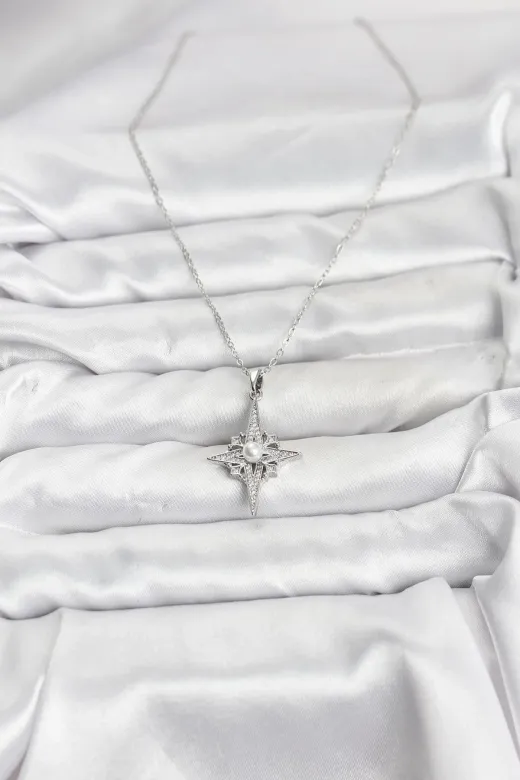 DGY STORE EmrBXebBKO10892 316L Çelik Zincir Gümüş Renk Kutup Yıldızı Model Zirkon Taşlı Kadın Kolye