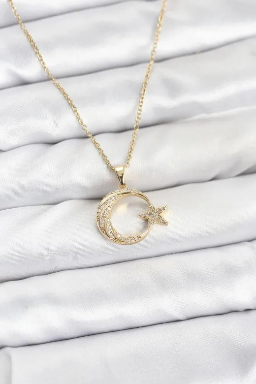DGY STORE EmrBXebBKO10905 316L Çelik Zincir Gold Renk Ay Yıldız Model Zirkon Taşlı Kadın Kolye