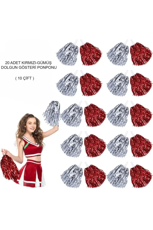 DGY STORE EmrDNM98458 Kırmızı Gümüş Metalik Dolgun Gösteri Ponponu - 20 Adet (10 Çift)