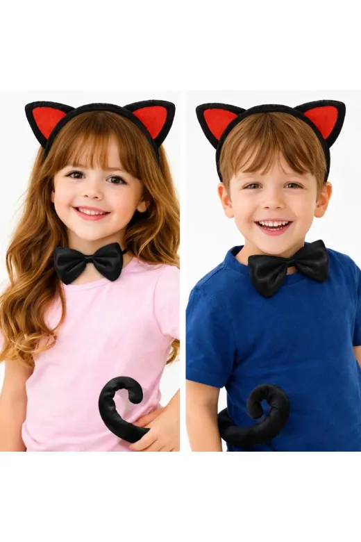 DGY STORE EmrDNM98520 Kırmızı Kulaklı Kedi Kostüm Seti – Taç, Papyon, Kuyruk