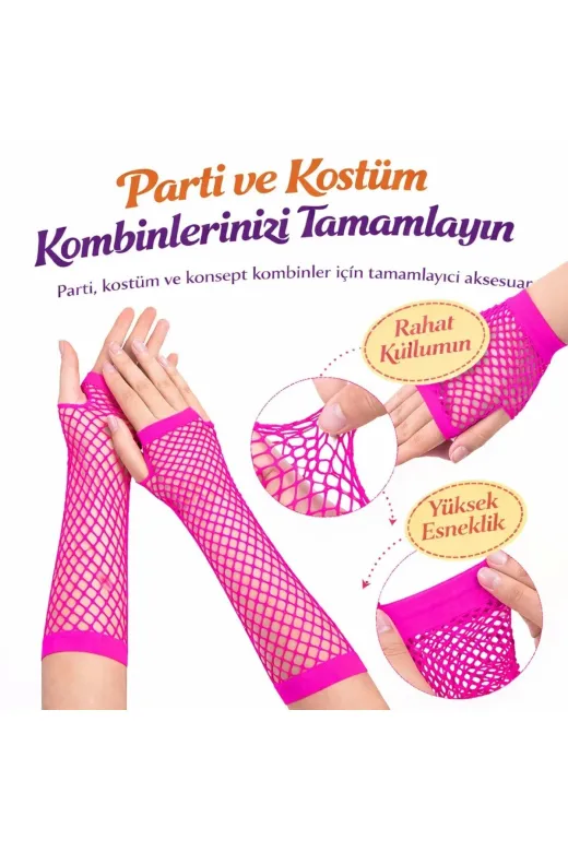 DGY STORE EmrDNM98642 Retro Neon Fuşya File Parmaksız Eldiven 26 Cm