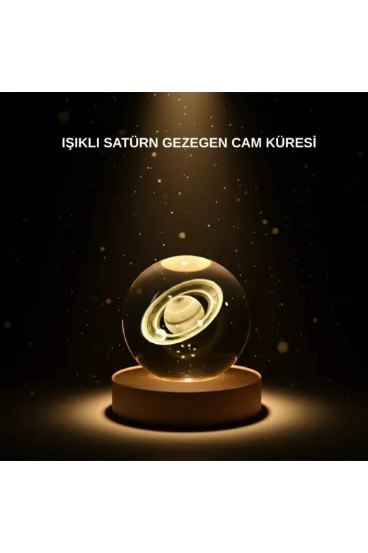 DGY STORE EmrTDXUCZZZSATÜRNKÜRE-2 Ahşap Tabanlı 3D Satürn Kristal Küre Atmosfer Lambası
