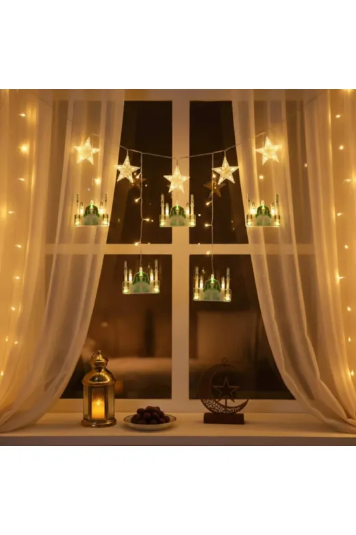DGY STORE tkl99530 3 Mt Fişli Yeşil Cami Yıldız Ramazan Perde Led