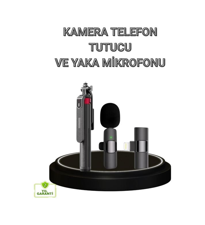 Diğer 116914335 Vlog Ve Canlı Yayın İçin Çift Yaka Mikrofonu Ve Tripodlu Selfie Çubuğu Seti